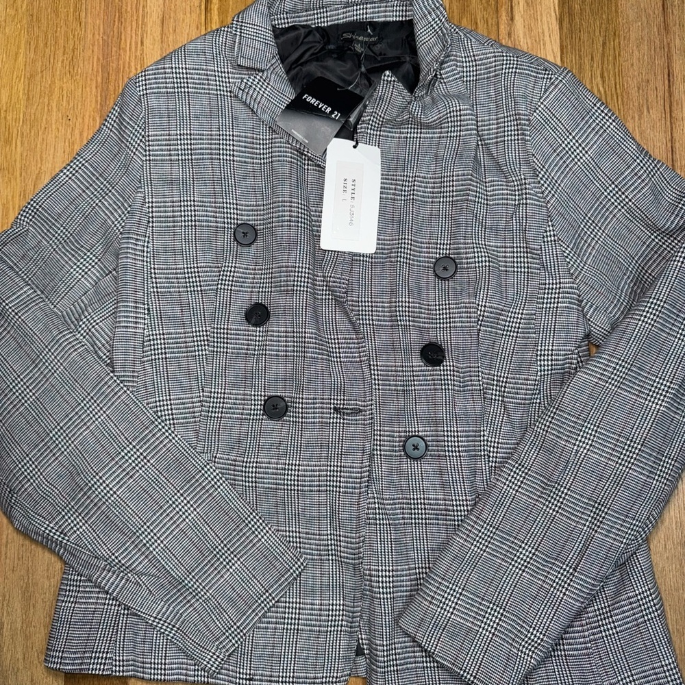 Forever 21 Gray Blazer Classic Plaid Wool Blend
